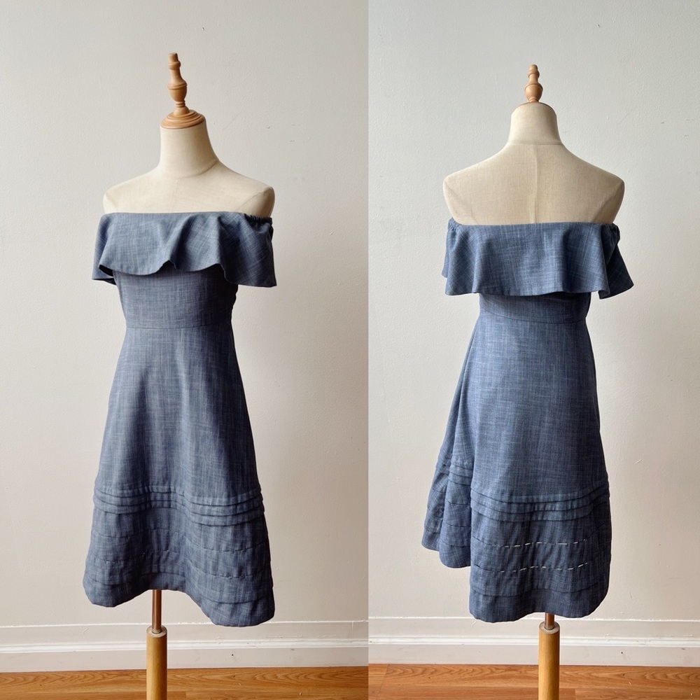 BANANA REPUBLIC Off Shoulder Chambray Ruffle A-Line Dress Womens 2P